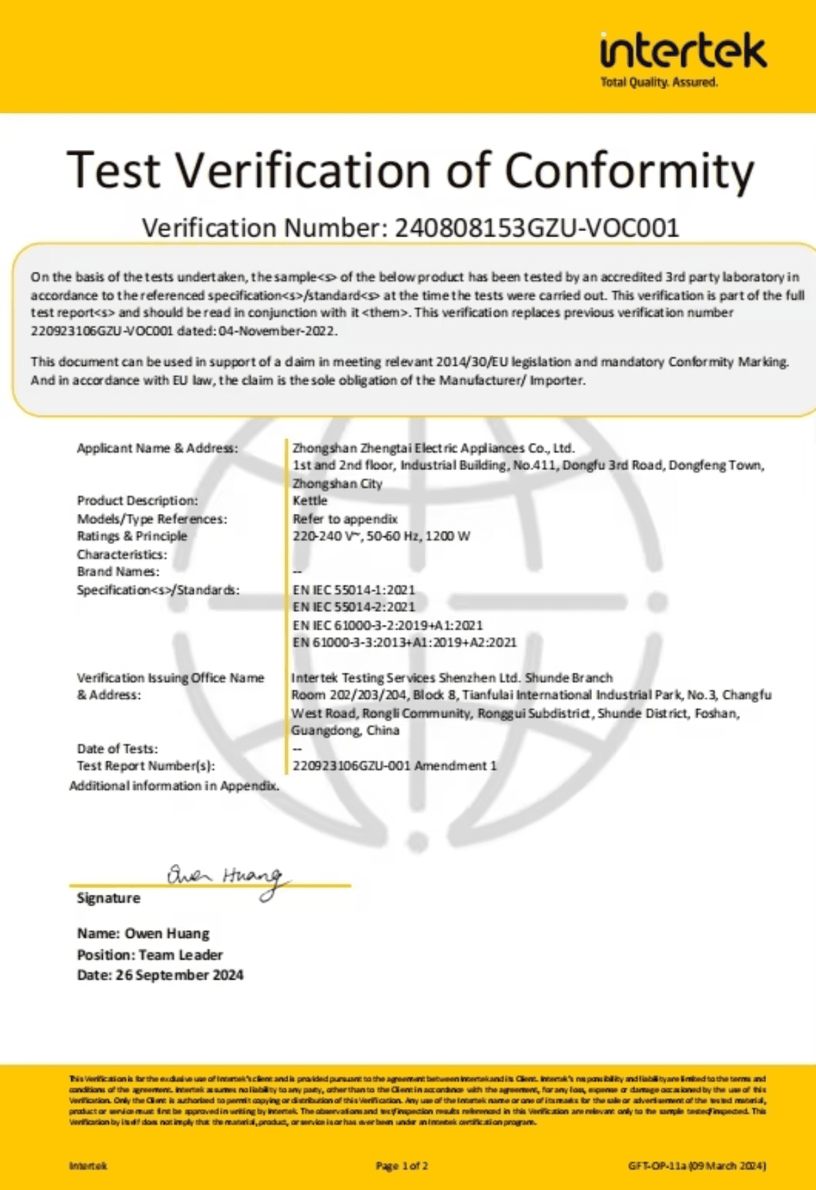 Informe de ensayos verificado por Intertek - YOLEC Electric